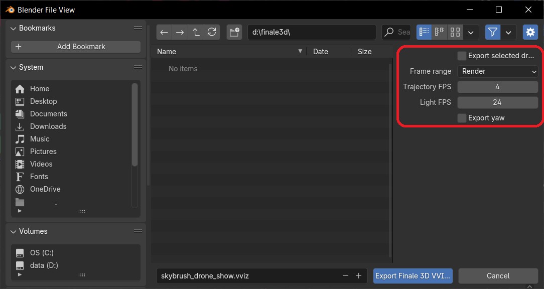 Finale 3D VVIZ export options